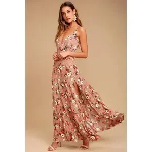 Lulus Everlasting Bliss Blush Floral Print Side Slit Maxi Dress XS